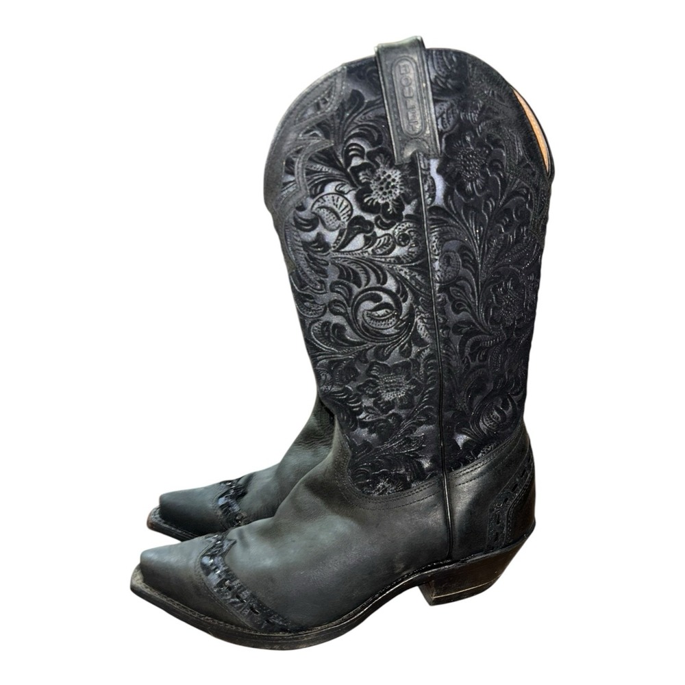 Boulet Womens Size 9.5 C Black Floral Tooled Leather Western Cowboy Boots 1656‎